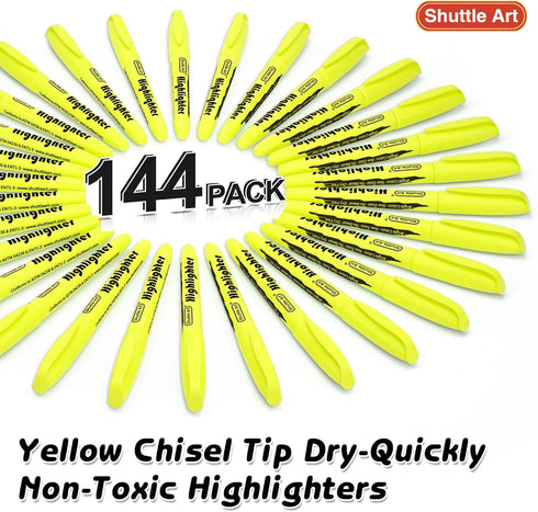 Shuttle Art 144 Pack Highlighters, Yellow Highlighter Pen Bulk, Non-Toxic Chisel Tip Markers for Home School Office