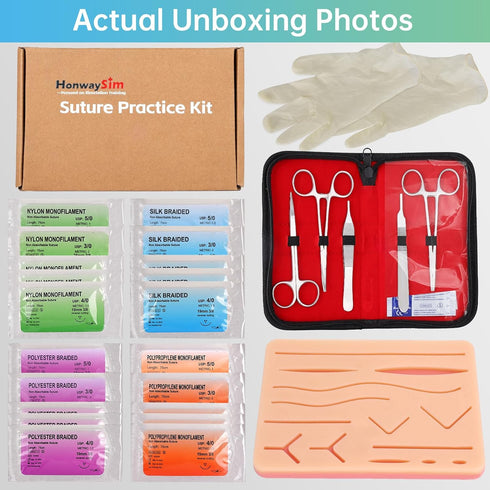 20 14 32 Suture Practice Kit: Complete Suture Kit with Needles, Threads, Pre-Cut Wounds on Silicone Pad, Pieces Total