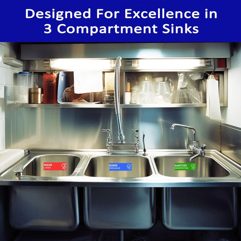 Wash Rinse Sanitize Sink Labels - 12 Labels (2 Sets, 7.3x2.5 in) - Ideal for Restaurants and Commercial Kitchens