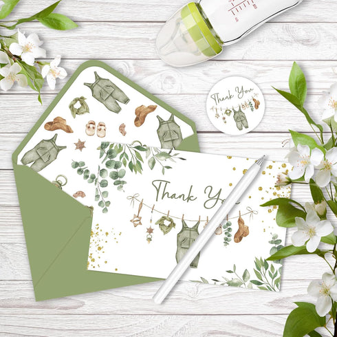 SMUAENSS 48 Pack Green Baby Shower Thank You Cards, Boy Baby Gift Card with Envelopes and Stickers, Greeting Cards Bulk