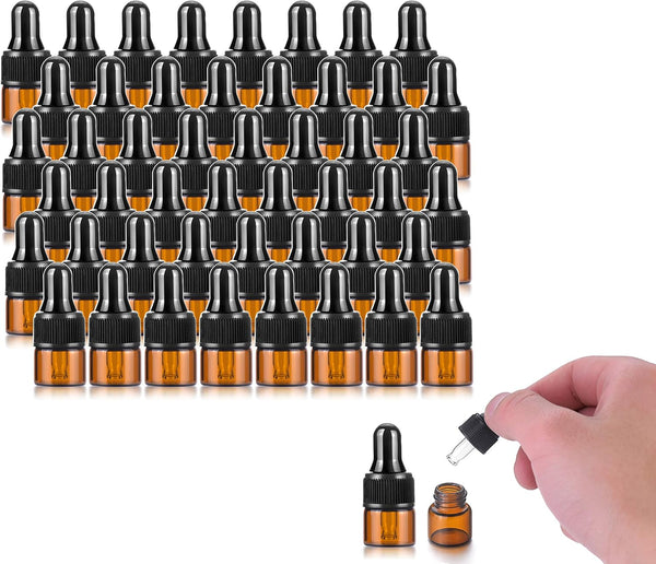 50 Pack 1ml Amber Glass Dropper Vials for Essential Oils, Empty Bottles with Black Screw Cap