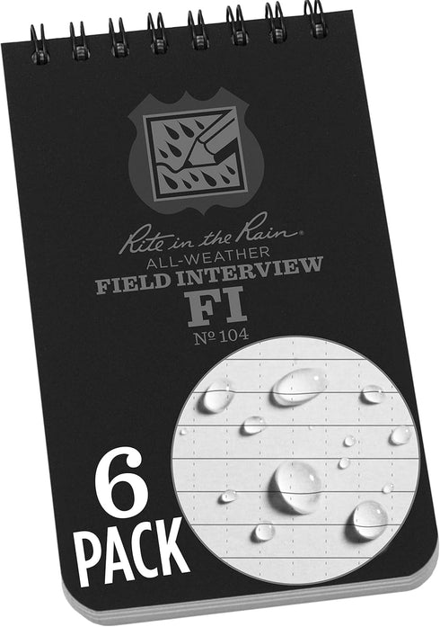 Rite in the Rain Weatherproof Field Notebook - 3" x 5", Black Cover, Field Interview Form Pages, 6 Pack