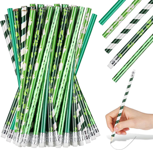St. Patrick's Day Pencils Shamrock Clover Novelty Stripe Pencils with Eraser, 50 Pieces