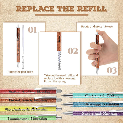Sherr 7 Pcs Christmas Weekday Pens, Glitter Funny Ballpoint Pens with 10 Black Ink Refills, Rainbow Week Gifts