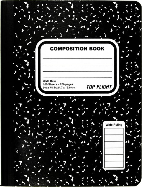 Top Flight Sewn Marble Composition Book, Black/White, Wide Rule, 9.75 x 7.5 Inches, 100 Sheets, Pack of SIX Comp Books