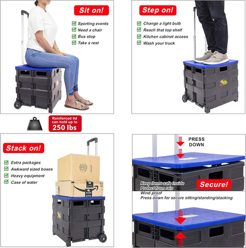 dbest products Quik Cart Collapsible Rolling Crate on Wheels - 80 lbs Capacity, Blue Lid, Heavy Duty