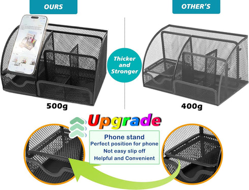 Mesh Desk Organizer Desktop Office Supplies Stationary Organizer with 6 Compartments and 1 Drawer Multi-Functional Caddy Pen Holder for Home Office School Desk Decor(Black) by Boutilon