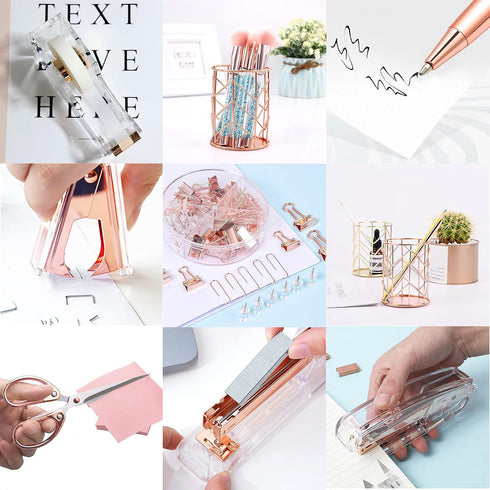 Rose Gold Desk Accessories Set, Acrylic Stapler, Tape Holder, 2 Ballpoint Pens, Scissors, Clips, 1000 Staples