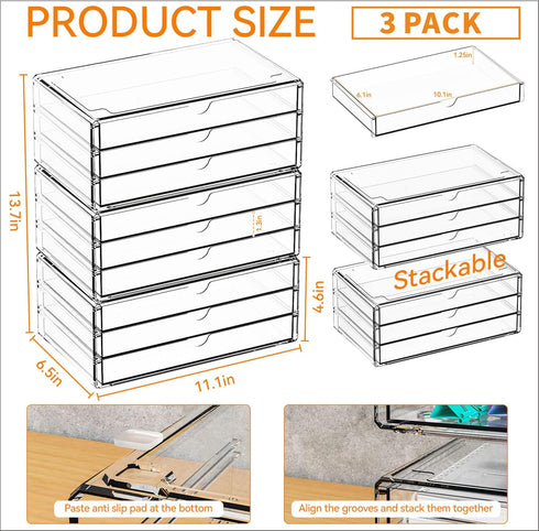 Yieach 11.1 Inch Stackable,3 Pack Long Clear Drawer Organizers Small Acrylic Drawers,School,Office Supplies Organizer