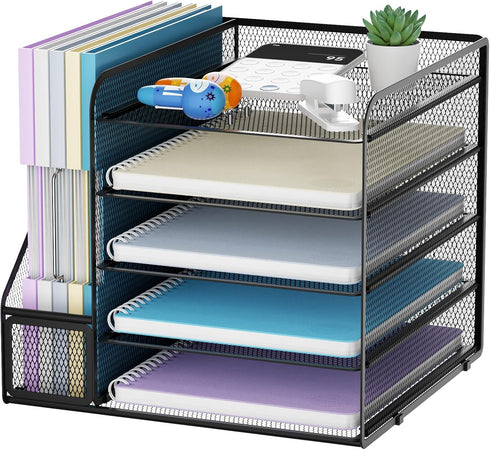 Marbrasse Desk Organizers, Black 5-Tier Paper Letter Tray Organizer with File Holder for Office Desk Accessories