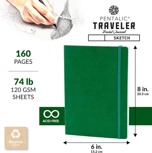 Pentalic Pocket Sketchbook Traveler Journal, 6" x 8", 160 Pages, Green