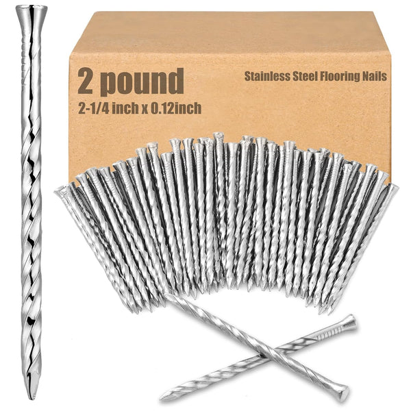 2 Pounds 304 Stainless Steel Spiral Shank Flooring Nails, 2-1/4 Inches Silver Twisted Nails for House Repairing