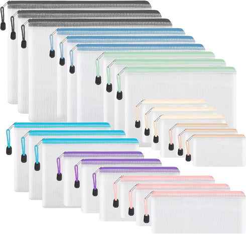 EOOUT 24pcs Waterproof Mesh Zipper Pouch, 8 Sizes, Plastic Travel Bags, Multipurpose for Office Supplies and Storage