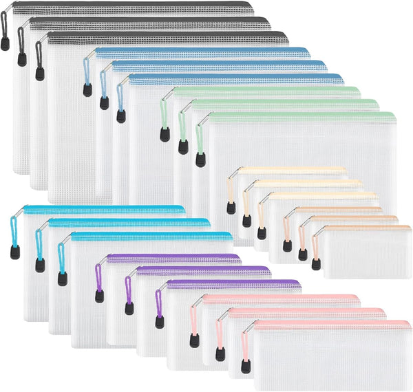 EOOUT 24pcs Waterproof Mesh Zipper Pouch, 8 Sizes, Plastic Travel Bags, Multipurpose for Office Supplies and Storage