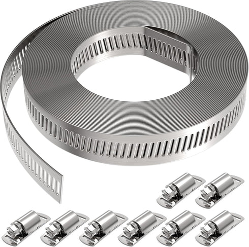 Stainless Steel Hose Clamp Assortment Kit, 13FT Metal Strap + 8 Stronger Fasteners for Duct Pipe Clamping