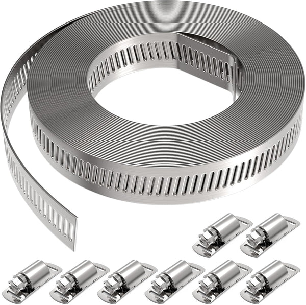 Stainless Steel Hose Clamp Assortment Kit, 13FT Metal Strap + 8 Stronger Fasteners for Duct Pipe Clamping