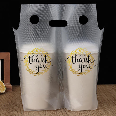 YHNTGB 200 Packaging 11 11.8 Inch Pcs Handle Drinking Poly Bags Double Cup Clear Plastic Carriers Take Out Delivery