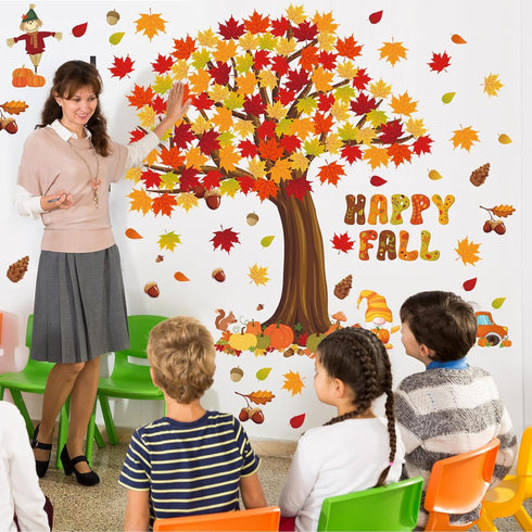 Chivertion 150 Pcs Fall Classroom Tree Bulletin Board Set, Happy Fall Decorations with Maple Leaves and Pumpkins