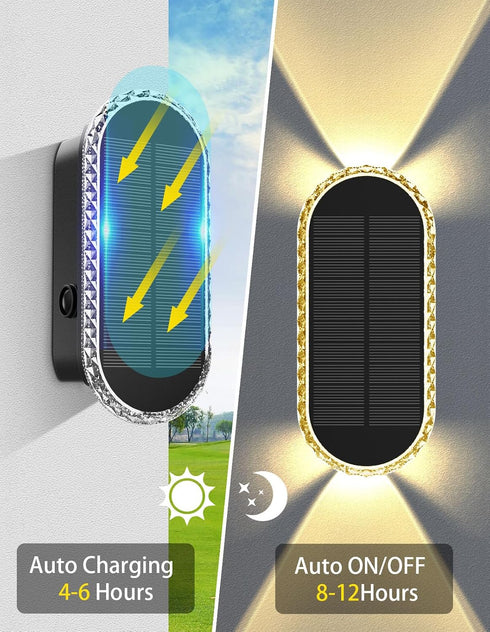 8 2 Solar Fence Lights Outdoor, Warm White & RGB Modes Solar Wall Lights Outdoor Waterproof, Up&Down Dual-Head Outdoor