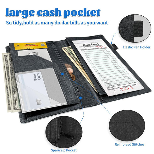 Qindaiwen 5x9" Server Book for Waitress, PU Leather Waiter Books, Restaurant Guest Check Organizer and Zipper High