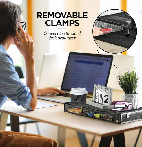 Under Desk Drawer Organizer Clamp-On, Mesh Metal Attachment, 1 Drawer Slide Out for Office Supplies & Home Essentials
