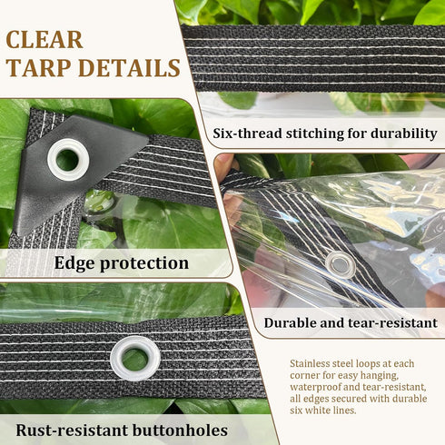 6x8ft 14Mil Grommets Tearproof Clear Vinyl Tarp Thickened Heavy Duty Clear Tarps with Reinforced Edges for Greenhouse