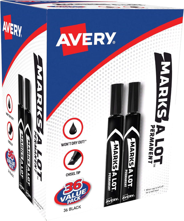 AVERY Marks-A-Lot Large Desk-Style Chisel Tip, Value Pack of 36 Black Permanent Markers for Signs
