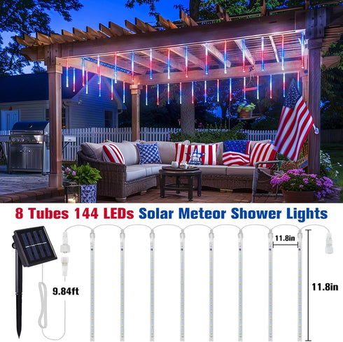 8 144 4th JMEXSUSS Red White and Blue Solar Lights, Tube LEDs Patriotic Solar Meteor Shower Lights Waterproof