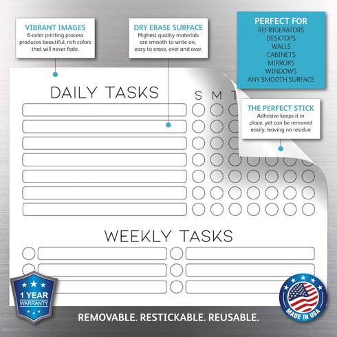 Dry Erase Whiteboard Task Planner by Glassboard Studio, Removable Adhesive Decal with Fine-Tip Magnetic Marker Included