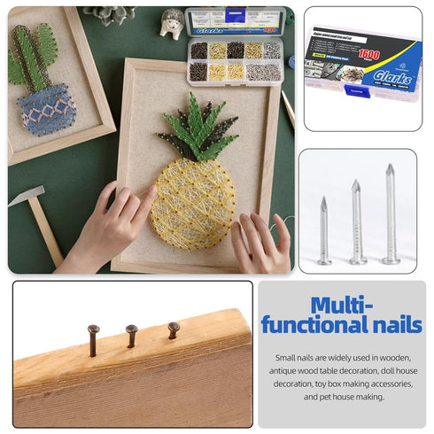 Glarks 1600Pcs Small Tiny Nails Kit, Wooden Screw Nail Gold Silver Bronze, 1x6mm, 1x8mm, 1x10mm Mini Nails for DIY