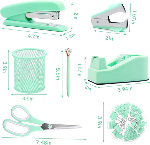 Green Office Supplies, Purple Desk Accessories, Stapler, Staple Remover, Tape Holder, Pen Holder, Ballpoint Pen, Scissor, Binder Clips, Paper Clips and 1000pcs Staples.