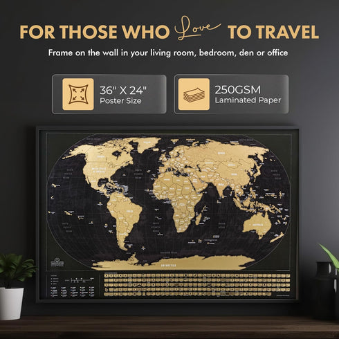 XL Scratch Off World Map 36" x 24" with 196 Country Flags - Vibrant Colors, Premium Gold Coating