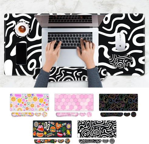 Large Gaming Mouse Pad Set: 4 in 1 Extended Desk Mat with Wrist Rest Pad, Non-Slip Protector for Home Office-Topographic