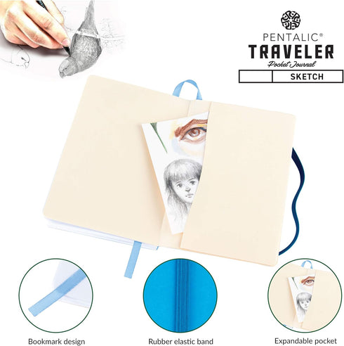 Pentalic 4" x 6" Pocket Sketchbook Traveler Journal, 160 Pages, Bright Blue