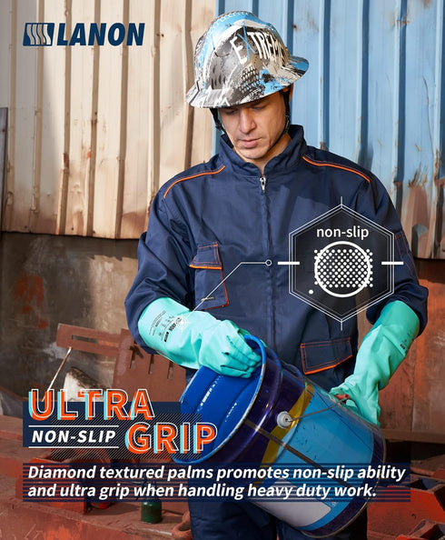 LANON Reusable Heavy Duty Nitrile Chemical Resistant Gloves, 18" Length, Non-Slip, Large, Acid, Alkali, Oil Protection