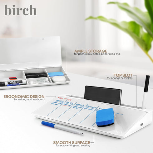 Birch Desktop Whiteboard - Cloud Glass Dry Erase Board with Storage & Multiple Markers for Desk Top Use