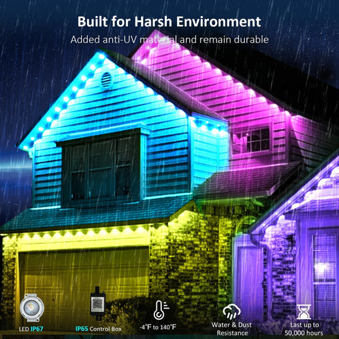50FT IP67 IVRICH Permanent Outdoor Lights, Smart RGB Eave Light with Color Changing, APP/Remote Control, Waterproof