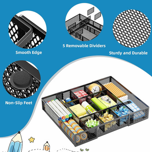 Marbrasse Expandable Desk Drawer Organizer, Mesh Tray with 10 Adjustable Compartments for Office Supplies, Black
