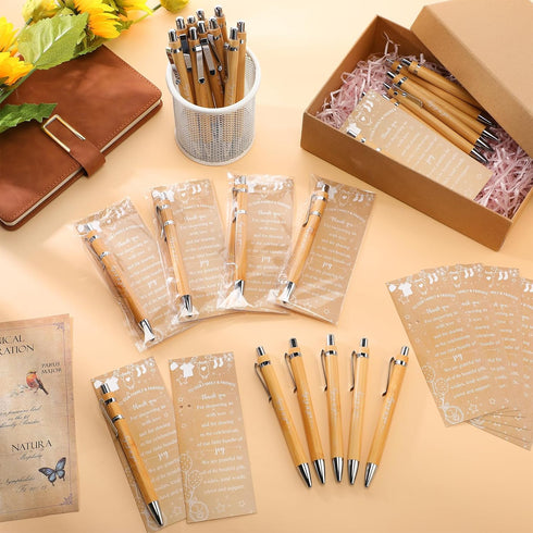 Rustic 50 Set Baby Shower Pens Favors, Include 50 Bamboo Ballpoint Pens and 50 Thank You Cards for Guests