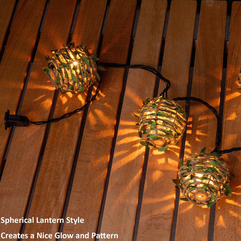TWINKVILLA 10 Decorative Lantern String Lights, Outdoor Plug in Hanging Lights with Natural Hemp Rope Leaf Balls