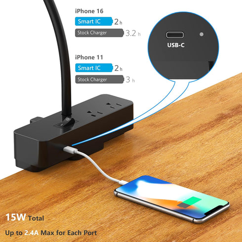 Drevet 2AC&1USB-C 3 3 LED Desk Lamp for Home Office, Eye-Caring Clip-On Desk Light with Flexible Gooseneck, Charging