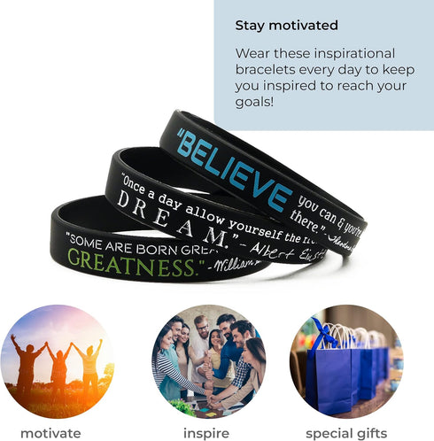 Inkstone 12-Pack Motivational Wristbands - Believe, Dream, Greatness | Silicone Rubber Bracelets for Men and Women
