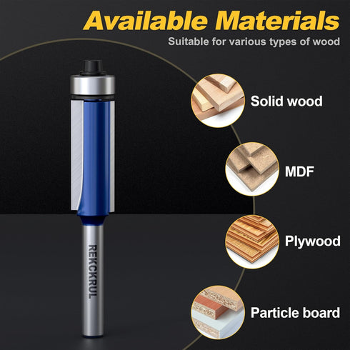 Set, 1/4 Inch Trimming, 1-3/16", 1/2" Professional Flush Trim Router Bit Shank Bottom Bearing, Carbide Tipped