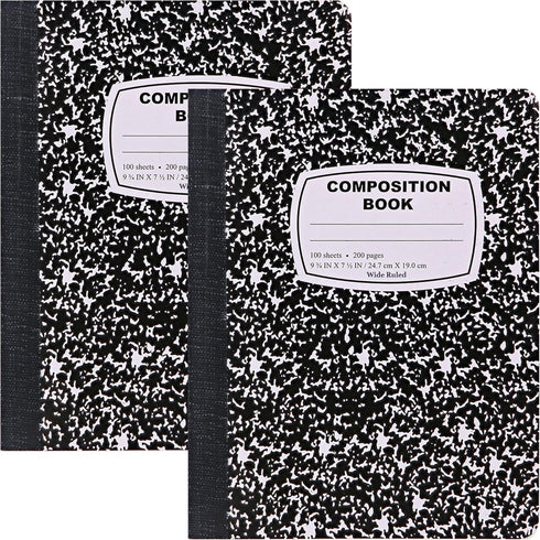 Emraw Composition Books, Black & White Marble Style, Durable Cover, Wide Ruled, 100 Sheets, Pack of 6