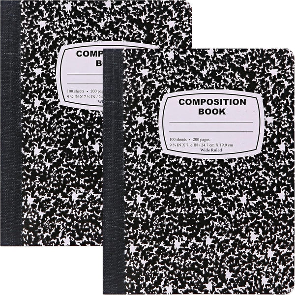 Emraw Composition Books, Black & White Marble Style, Durable Cover, Wide Ruled, 100 Sheets, Pack of 6