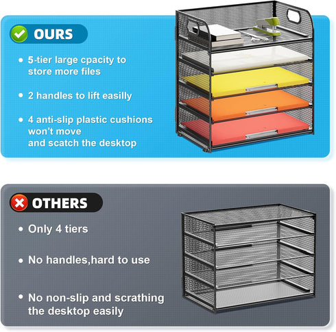 Mesh 5 Tray Desk File Organizer with Handle, Desktop Storage for Letter/A4 Office File Folder