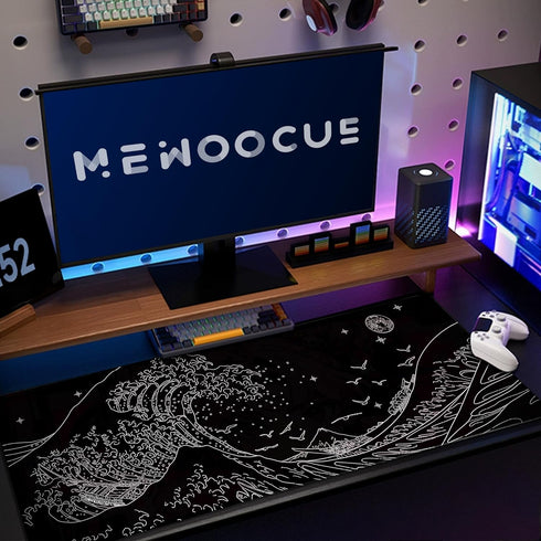 Black Gaming Laptop Mouse Pad, Sea Wave Big Mice Pads, Waterproof Non-Slip 31.5 x 11.8 inches, Kanagawa Surfing Mouse