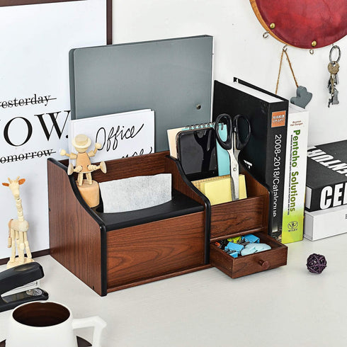 Cherry Brown Wood Desk Organizer, Tissue Box Lid with Multiple Slots Drawer for Phone Tablet Remote Control Storage