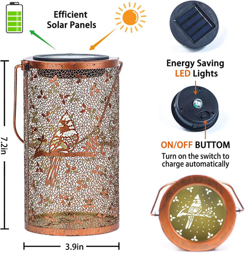 Cardinal Solar Lanterns Outdoor Waterproof Hanging Solar Lights Cardinal Gifts for Women Men Metal Bird Decorative LED