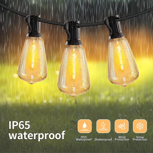 50ft 25 Bulbs Voltage(24V) Dimmable IP65 ST38 SANBEN Outdoor String Lights with Remote, Low Patio Lights, & Timer